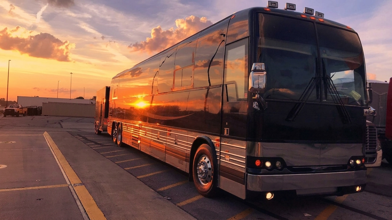 Charter coach reflecting a golden sunset at a highway stop